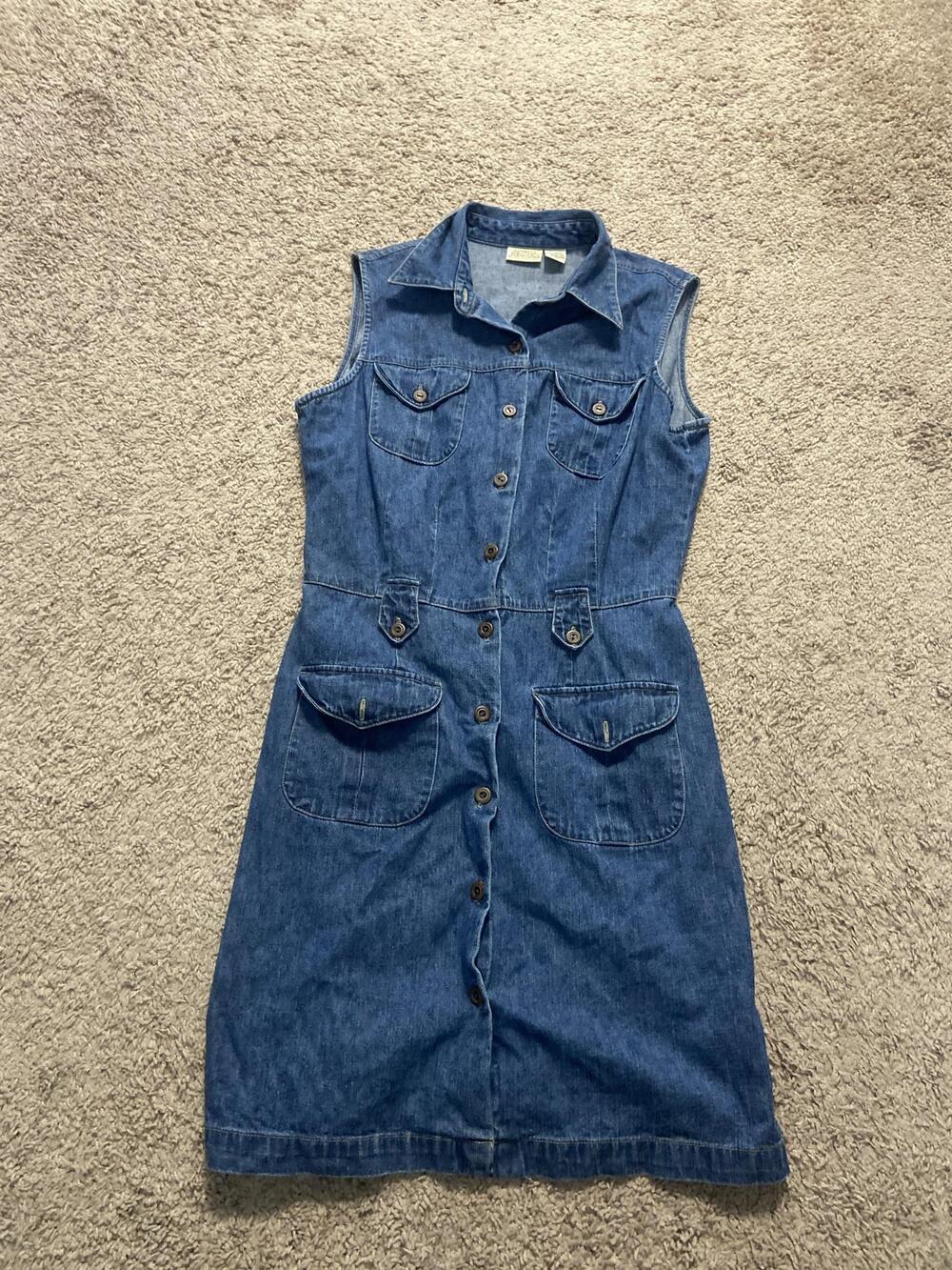 Vintage St. John's Bay Dress Womens 12P Blue Denim Sleeveless Shirt Pockets
